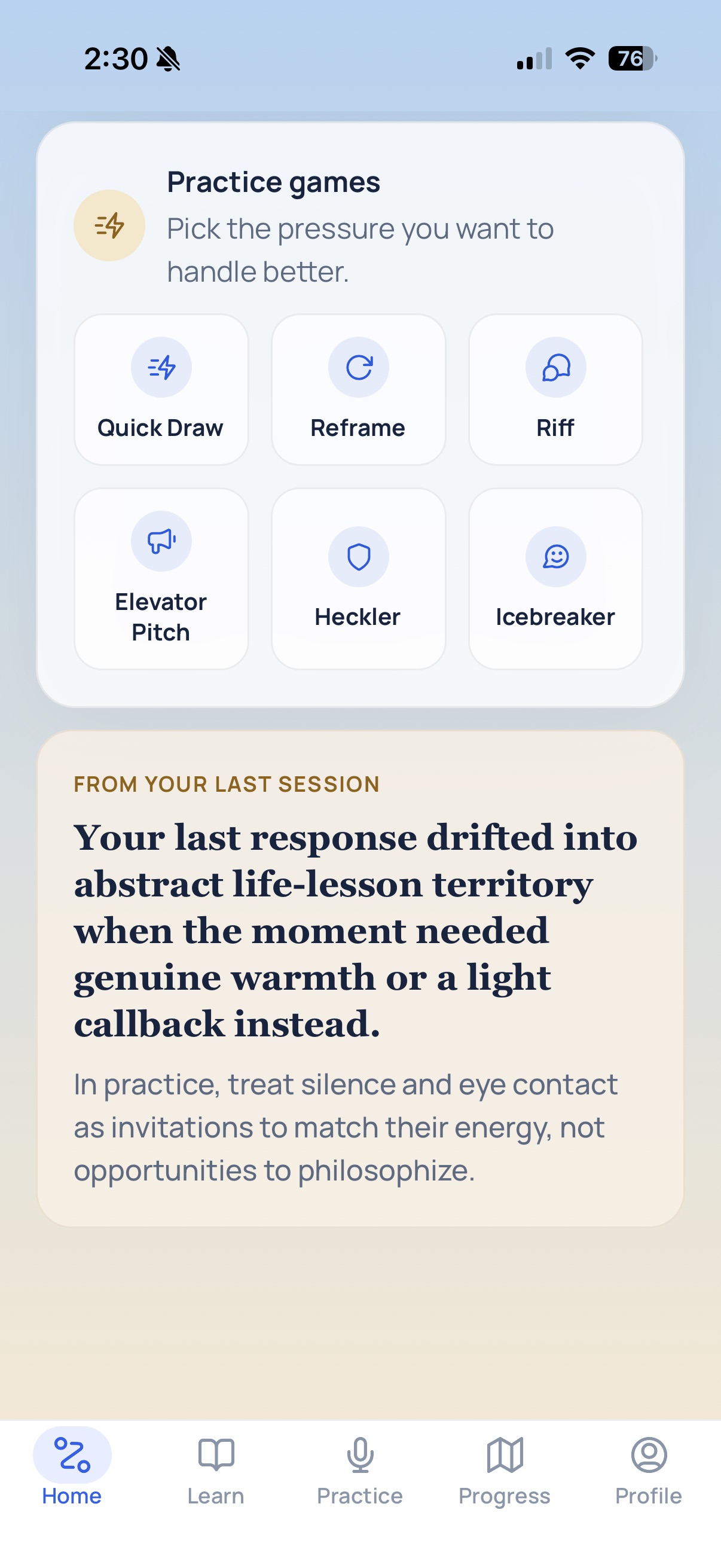 QuickWit practice games and personalized coaching on iPhone